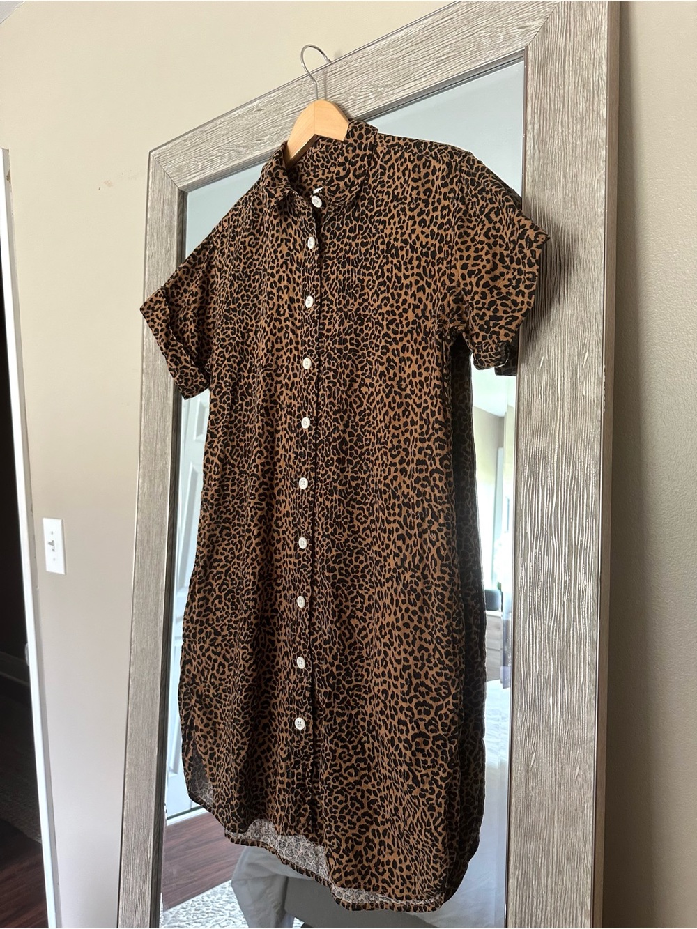 J. Crew Cheetah Print Linen Blend T-Shirt Button Down Shift Mini Dress Size XS